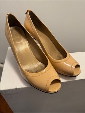 Stuart Weitzman Nude Patent Peep-Toe Pumps